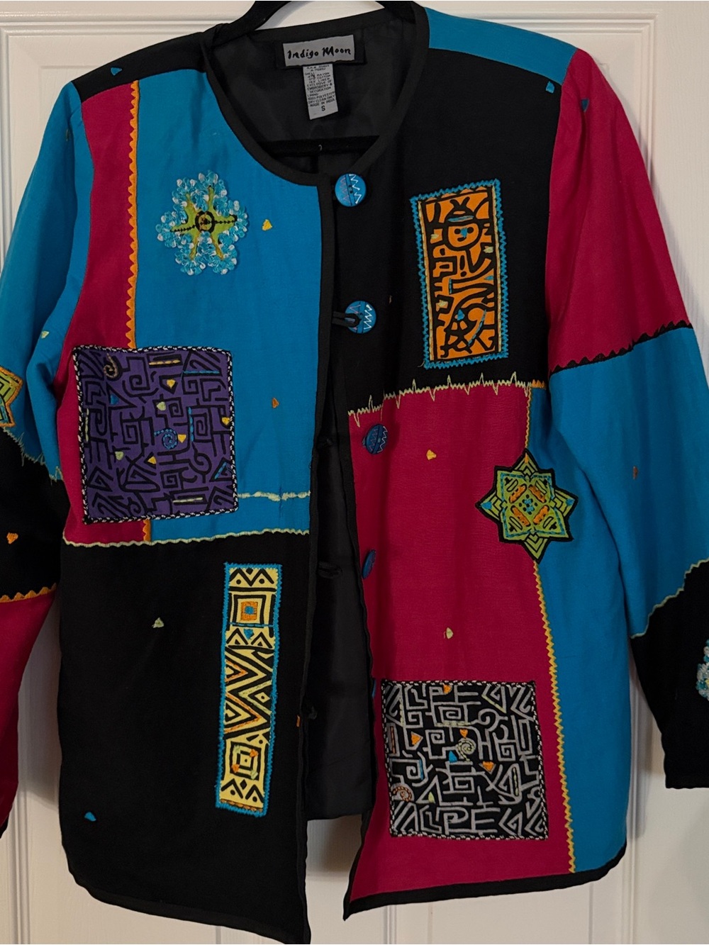 Indigo Colorblock Embroidered Jacket in Blue, Pink & Black